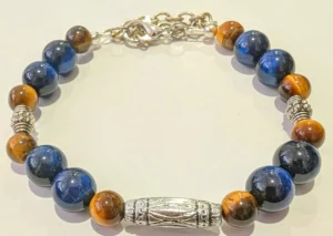 Bracelet artisanal avec attache : Œil de tigre et Œil de faucon (Œil de tigre bleu) (6 et 8mm)